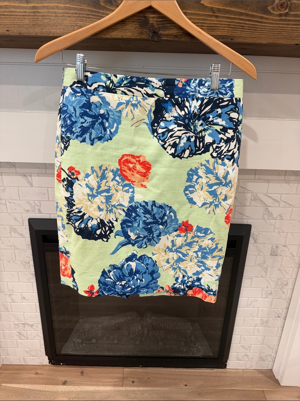 J. Crew Floral Pencil Skirt in green Mint, Blue and Coral cotton linen texture